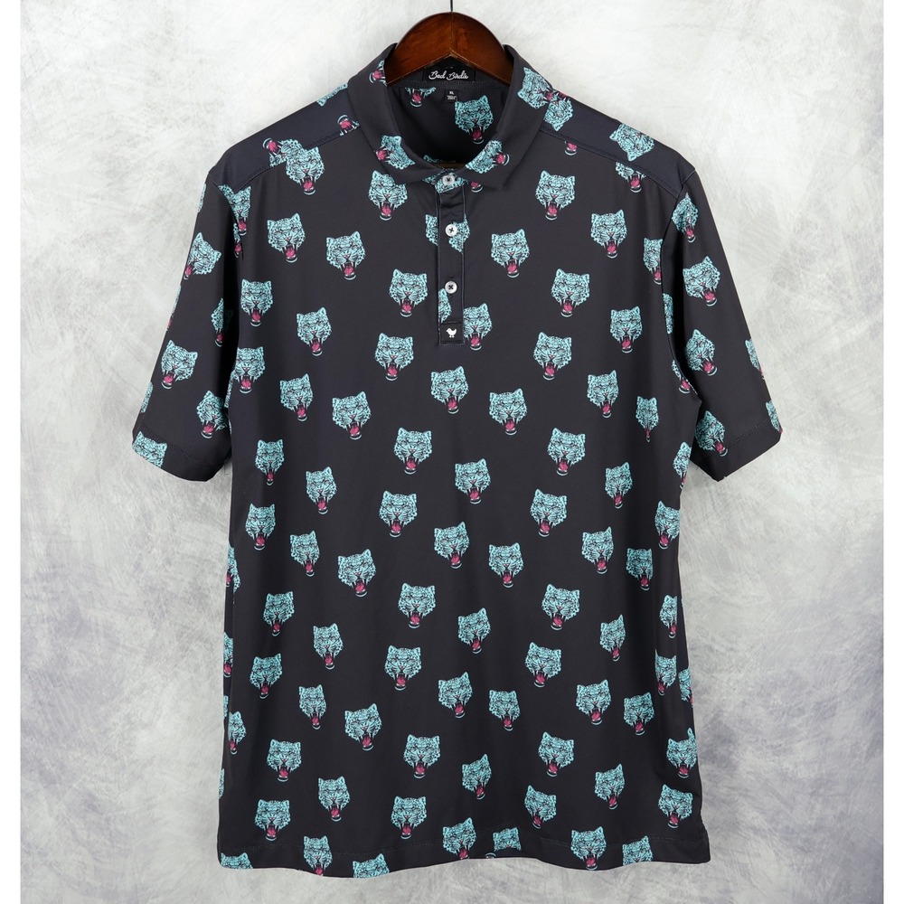 Bad Birdie Golf Polo Men XL Black Turquoise Tiger Head Print Performance Shirt